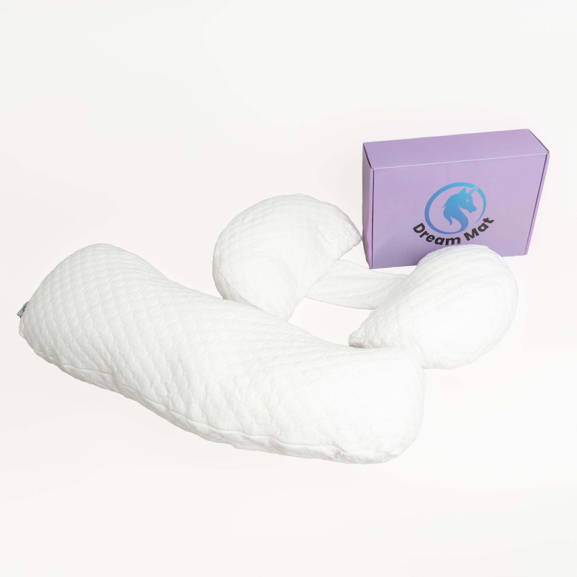 White neck pillow with a purple packaging box labeled 'Dream Mat' on a white background